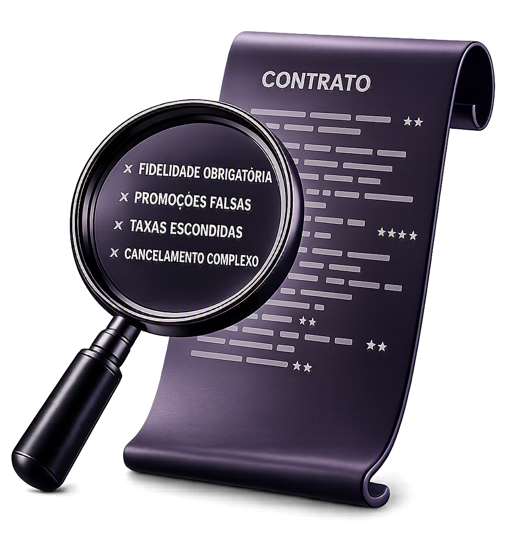 Lupa revelando cláusulas escondidas em um contrato: fidelidade obrigatória, promoções falsas, taxas escondidas e cancelamento complexo