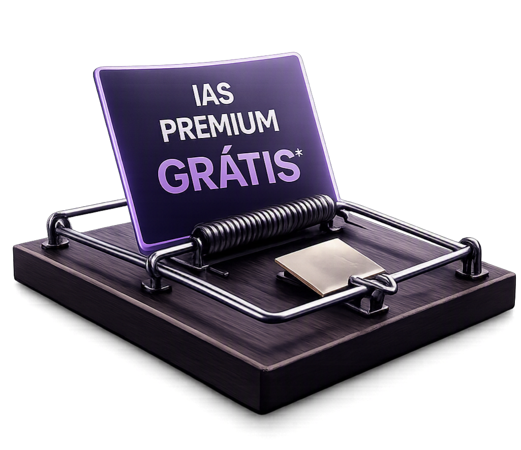 Ratoeira com uma placa escrita 'IAs premium grátis' funcionando como isca