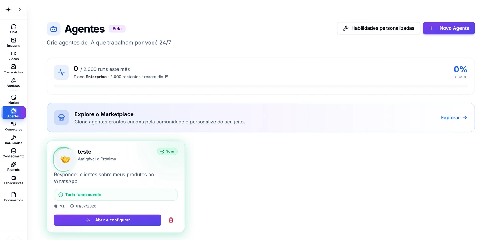 Tela de Agentes do CollaborAI com o contador de runs do mês, o atalho para o marketplace e um agente publicado com status No ar