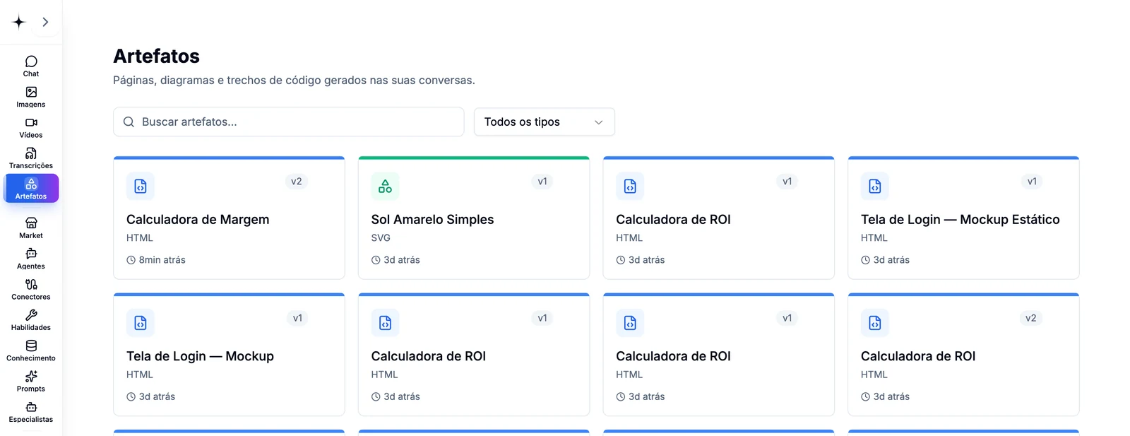 Página Artefatos do CollaborAI com busca, filtro por tipo e cards de artefatos HTML e SVG com número da versão