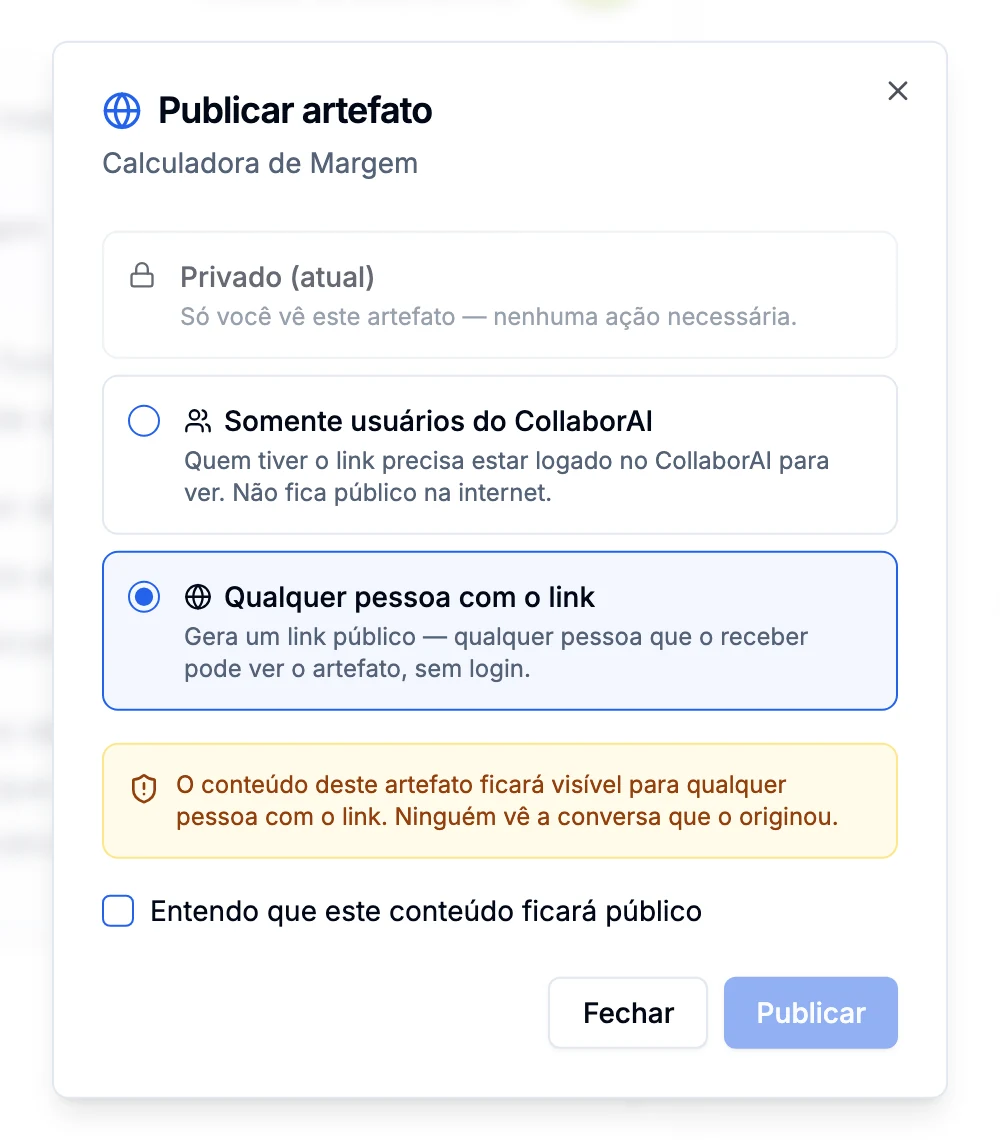 Diálogo Publicar artefato com as opções Privado, Somente usuários do CollaborAI e Qualquer pessoa com o link, além do aviso de conteúdo público