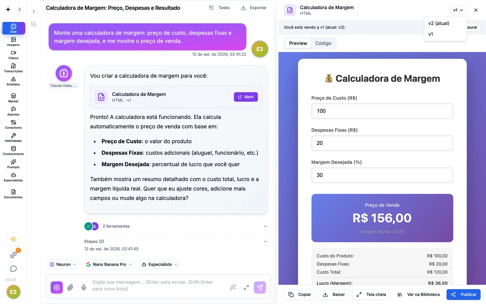 Menu de versões do artefato aberto, listando v2 como atual e v1, com o aviso 'Você está vendo a v1' e o botão Restaurar
