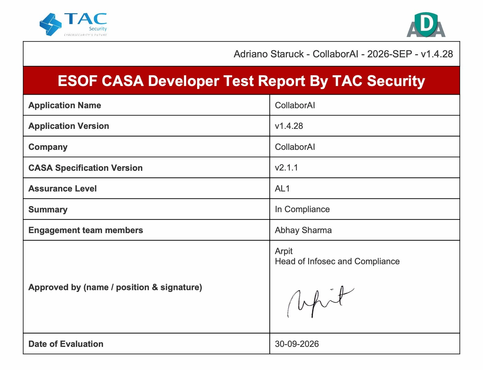 Capa do relatório ESOF CASA Developer Test Report da TAC Security: aplicação CollaborAI, especificação CASA v2.1.1, nível de garantia AL1, resultado In Compliance, data da avaliação 30-09-2026