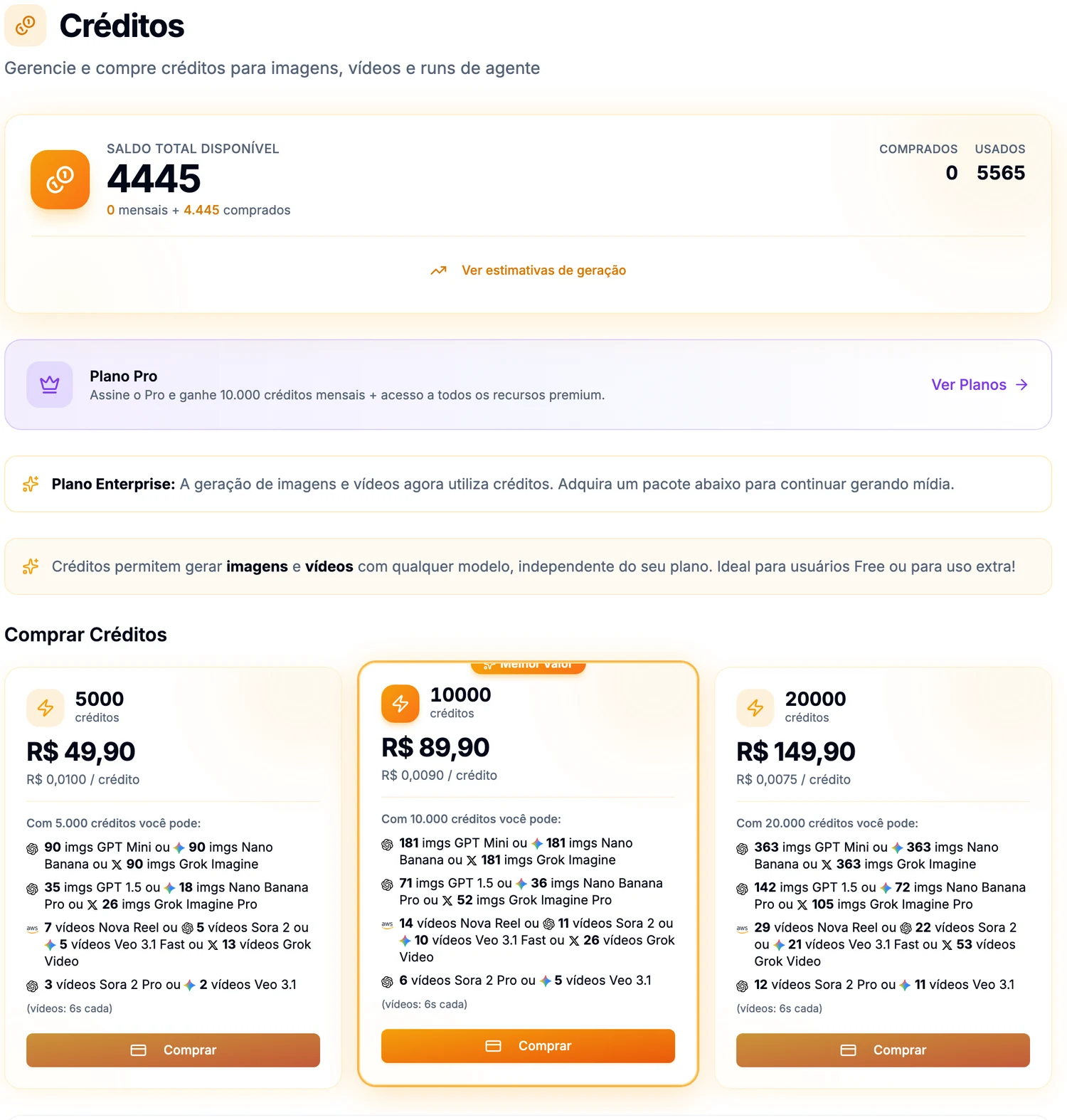 Tela de Créditos do CollaborAI com o saldo total disponível no topo e os três pacotes de compra abaixo, cada um listando quantas imagens e vídeos rendem