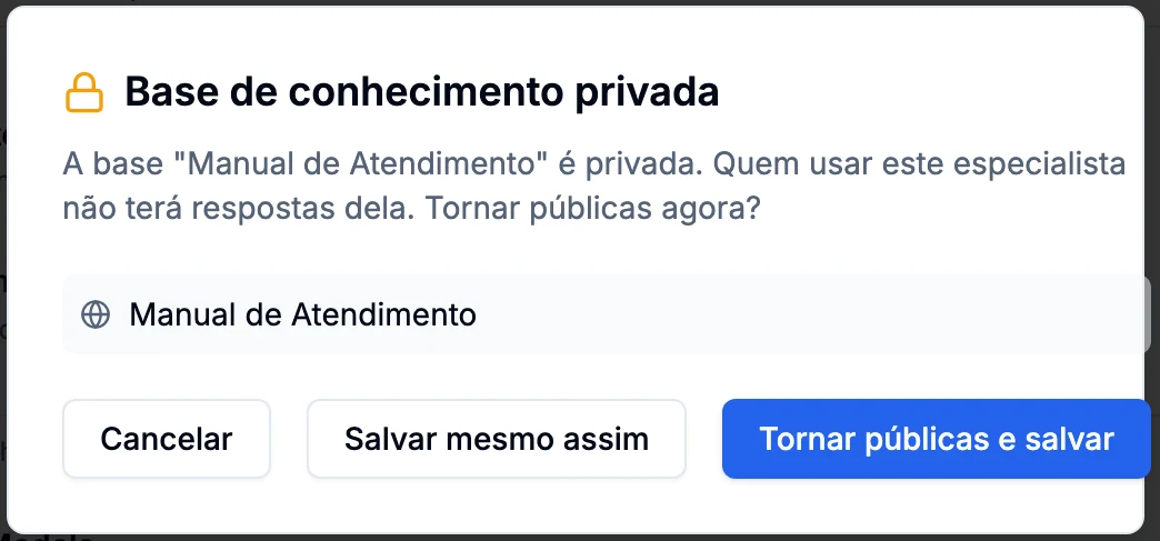 Diálogo Base de conhecimento privada informando que quem usar o especialista não terá respostas da base Manual de Atendimento, com os botões Cancelar, Salvar mesmo assim e Tornar públicas e salvar