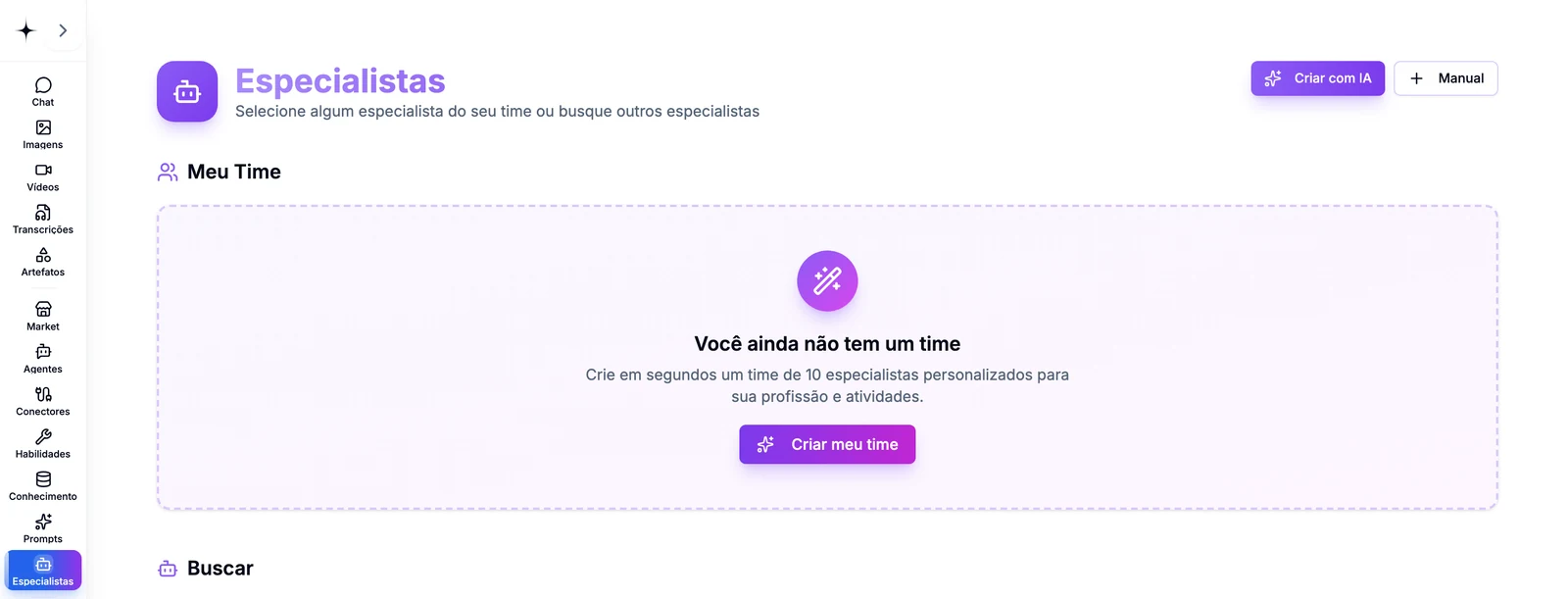 Tela de Especialistas do CollaborAI com os botões Criar com IA e Manual no topo e o bloco Meu Time convidando a criar um time de dez especialistas