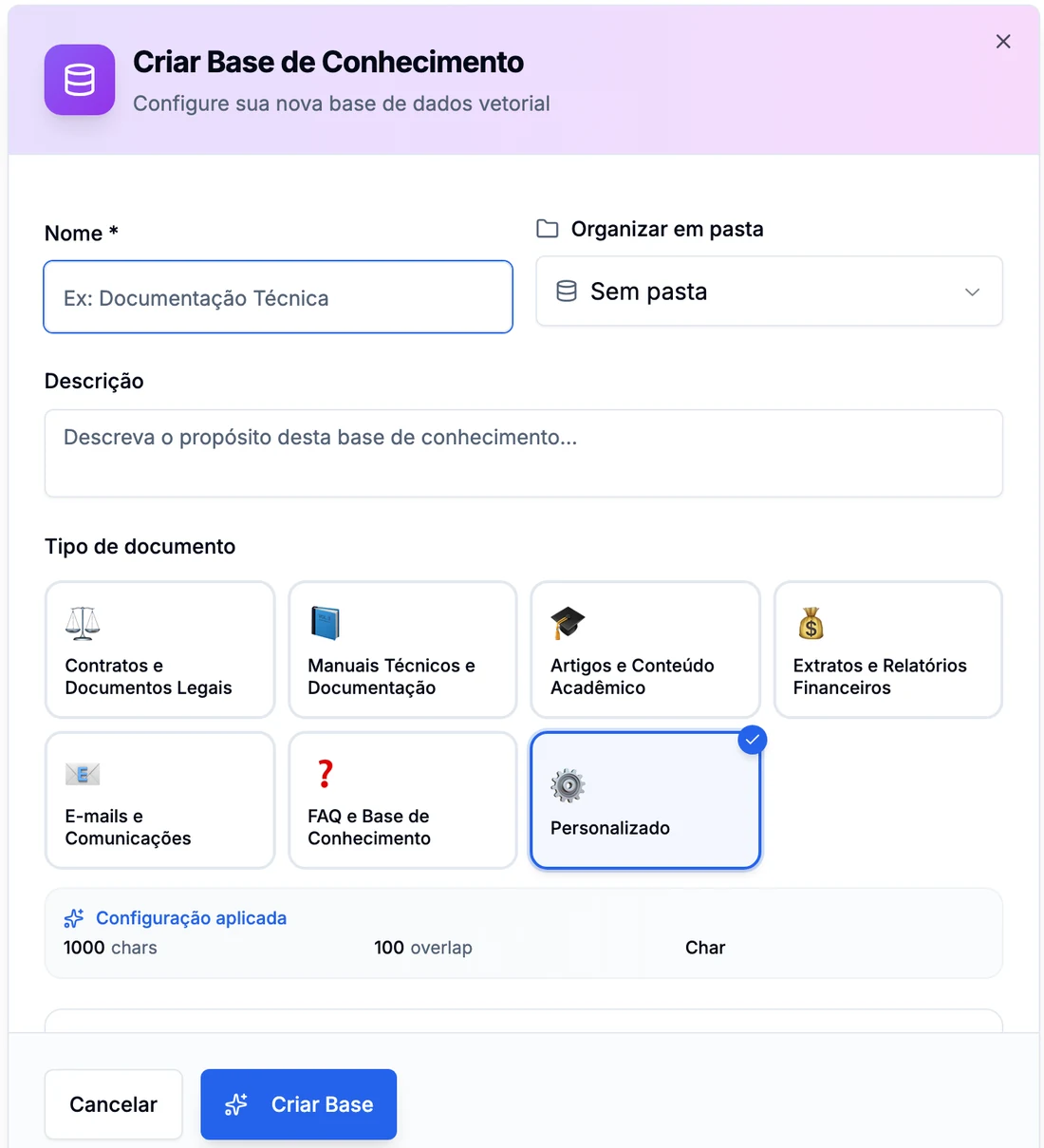 Diálogo Criar Base de Conhecimento com campos de nome e descrição e os tipos de documento: contratos, manuais técnicos, artigos acadêmicos, relatórios financeiros, e-mails, FAQ e personalizado