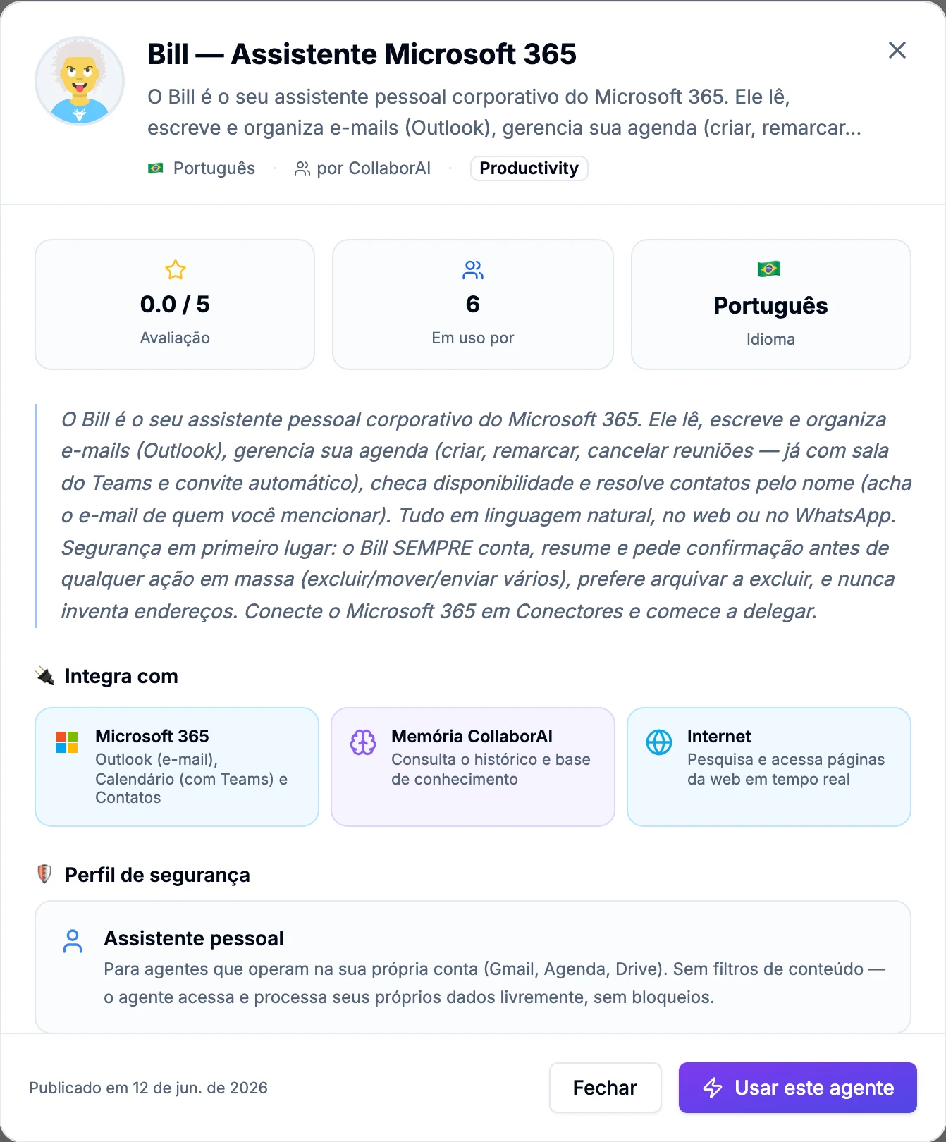 Detalhes do Bill no Marketplace: descrição, integração com Microsoft 365, Memória CollaborAI e Internet, e o perfil de segurança Assistente pessoal