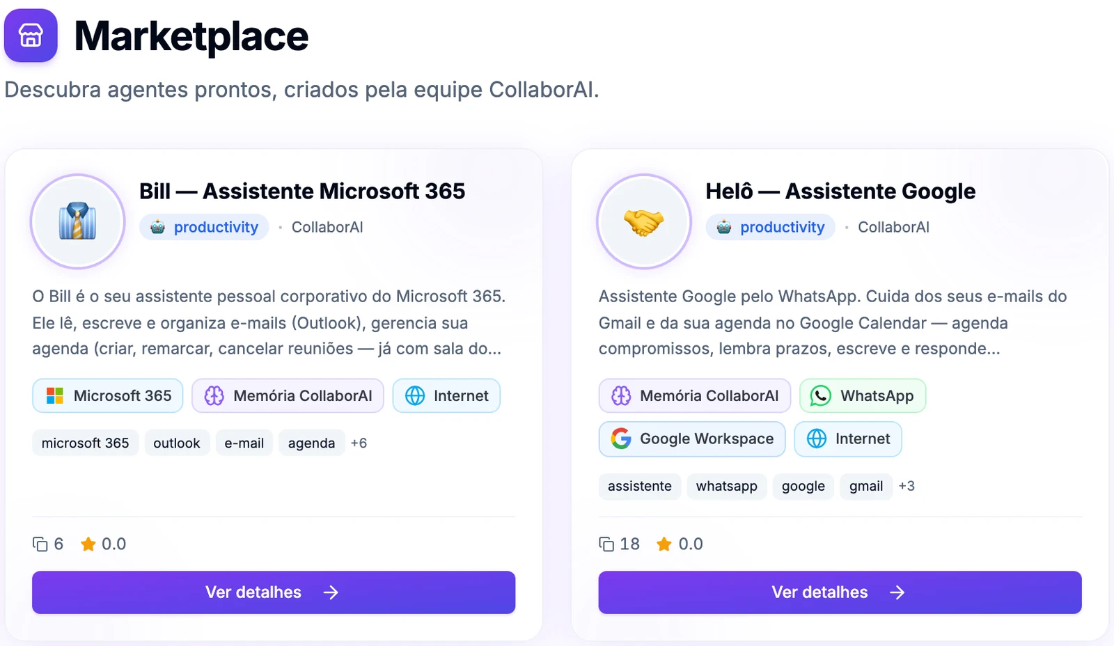 Tela do Marketplace do CollaborAI com os cards do Bill, assistente Microsoft 365, e da Helô, assistente Google, cada um com suas integrações e o botão Ver detalhes