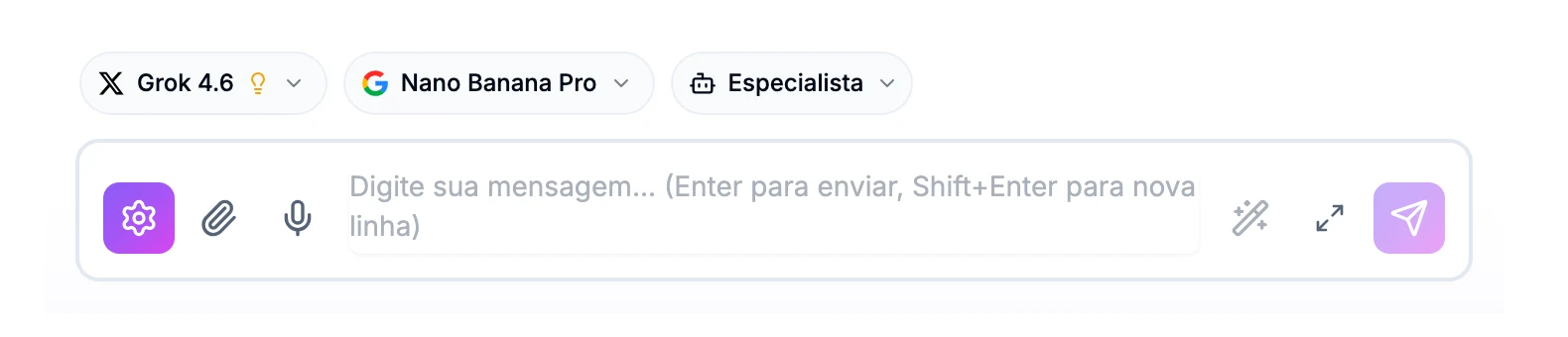 Barra do Chat com Grok 4.6 selecionado como modelo de texto, indicado por um ícone de lâmpada, ao lado dos seletores de imagem e especialista