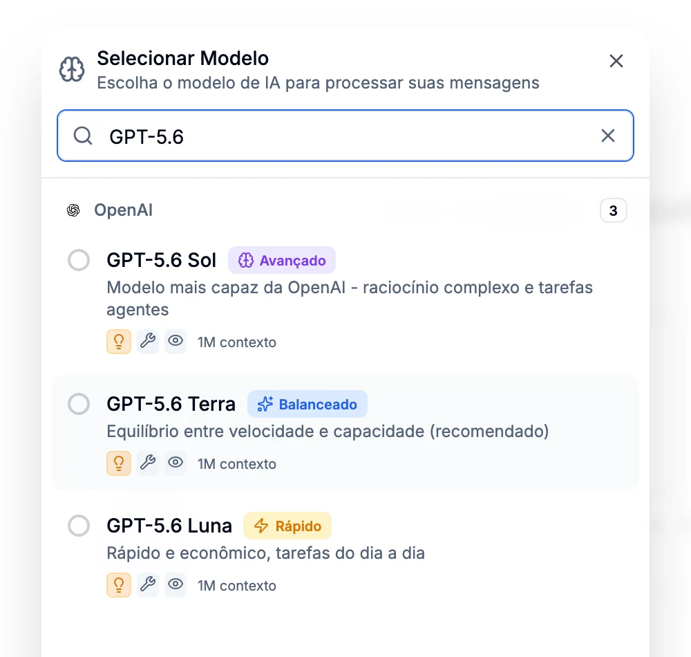 Seletor de modelos do CollaborAI filtrado por GPT-5.6, mostrando Sol como avançado, Terra como balanceado e Luna como rápido, todos com 1M de contexto