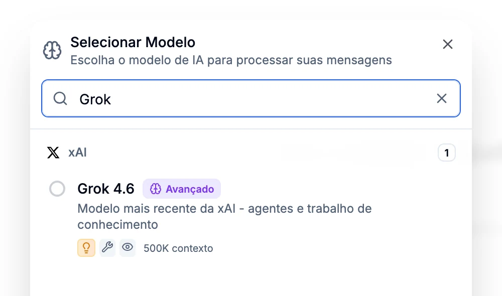 Seletor de modelos filtrado por Grok, mostrando apenas o Grok 4.6 da xAI, avançado, com 500K de contexto
