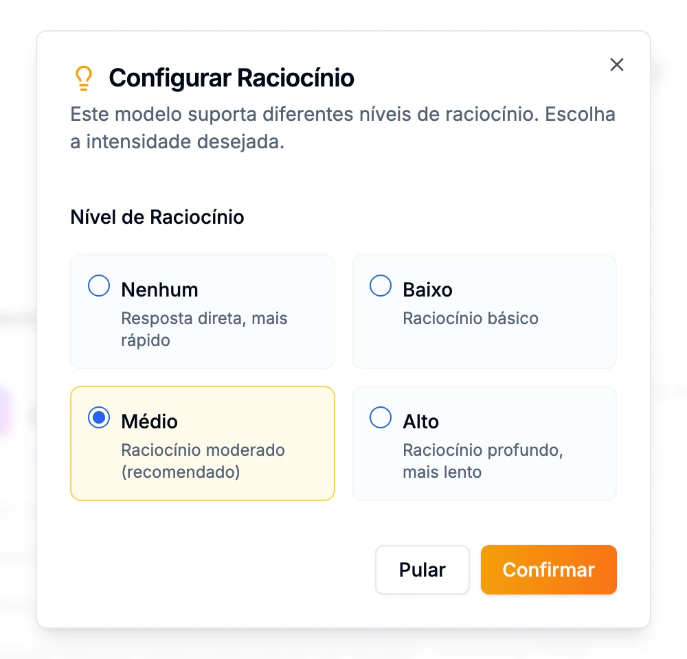 Diálogo Configurar Raciocínio com as opções Nenhum, Baixo, Médio (recomendado) e Alto, e os botões Pular e Confirmar