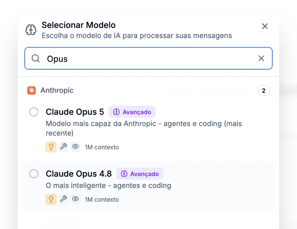 Seletor de modelos filtrado por Opus, mostrando Claude Opus 5 e Claude Opus 4.8, ambos avançados com 1M de contexto