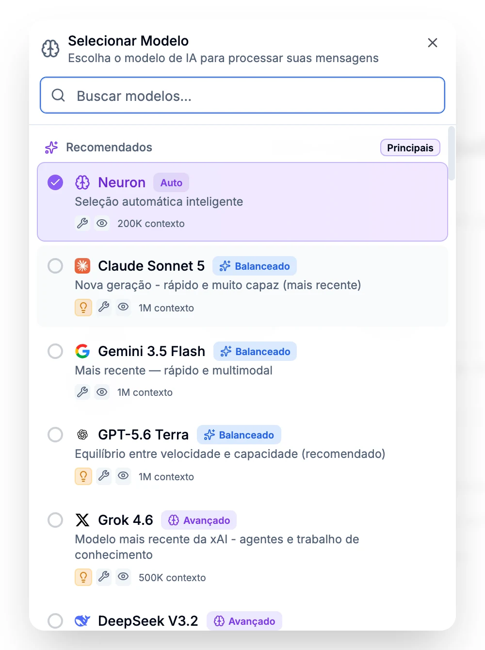 Seção Principais do seletor de modelos com Neuron, Claude Sonnet 5, Gemini 3.5 Flash, GPT-5.6 Terra e Grok 4.6