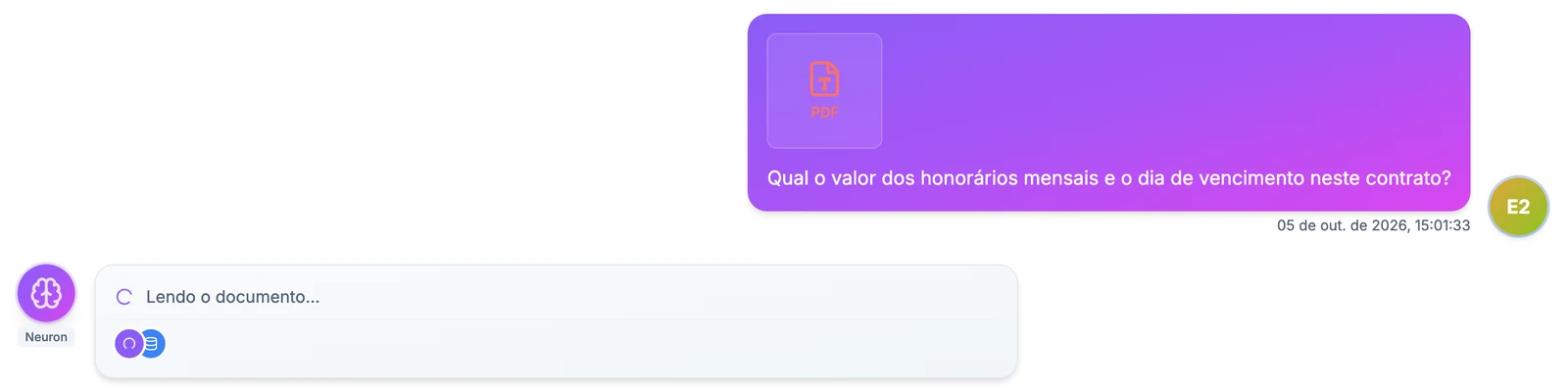 Chat do CollaborAI com a pergunta sobre os honorários e o PDF anexado, e a resposta em andamento com o status Lendo o documento
