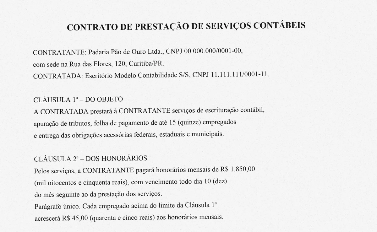 Trecho da primeira página de um contrato fictício de prestação de serviços contábeis, digitalizado como imagem, com as cláusulas de objeto e de honorários