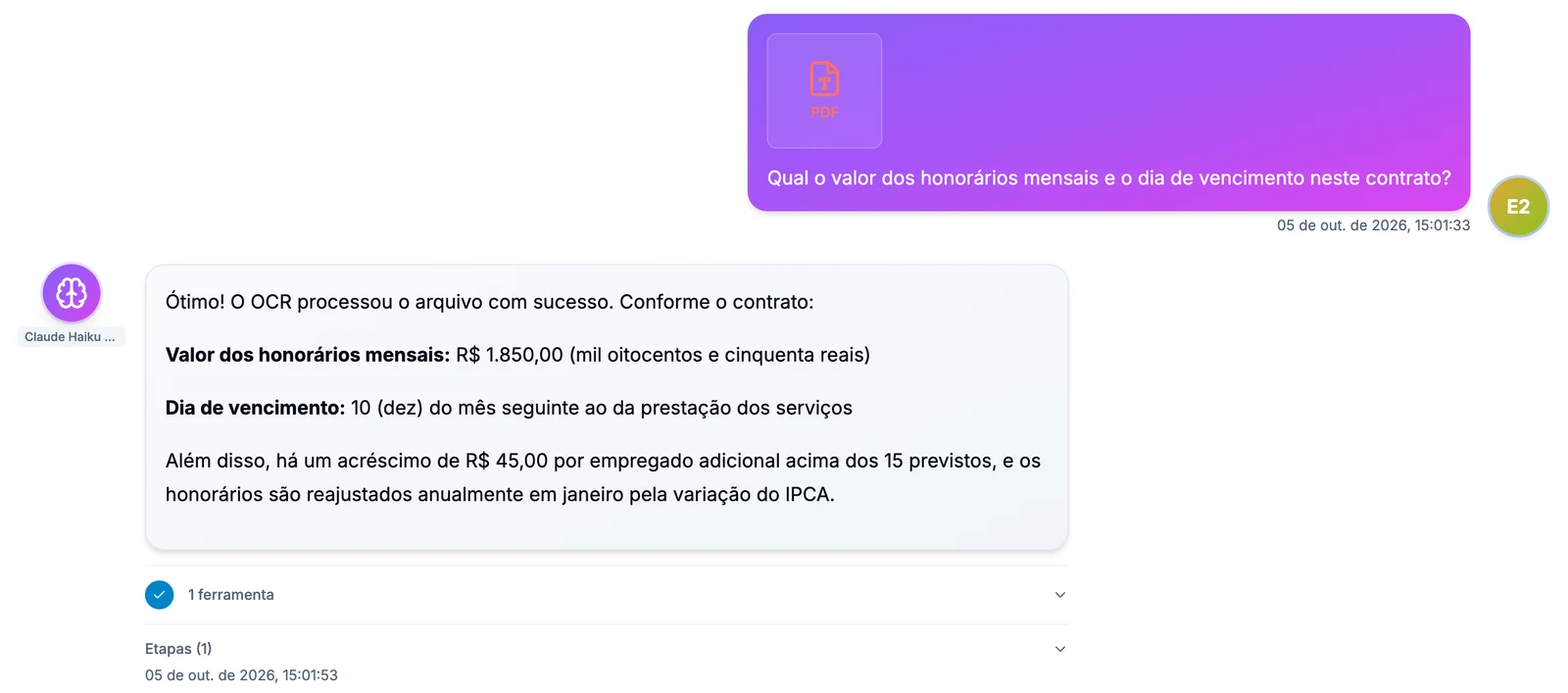 Resposta do Chat informando honorários mensais de 1.850 reais com vencimento no dia 10 do mês seguinte, acréscimo de 45 reais por empregado acima de 15 e reajuste anual pelo IPCA