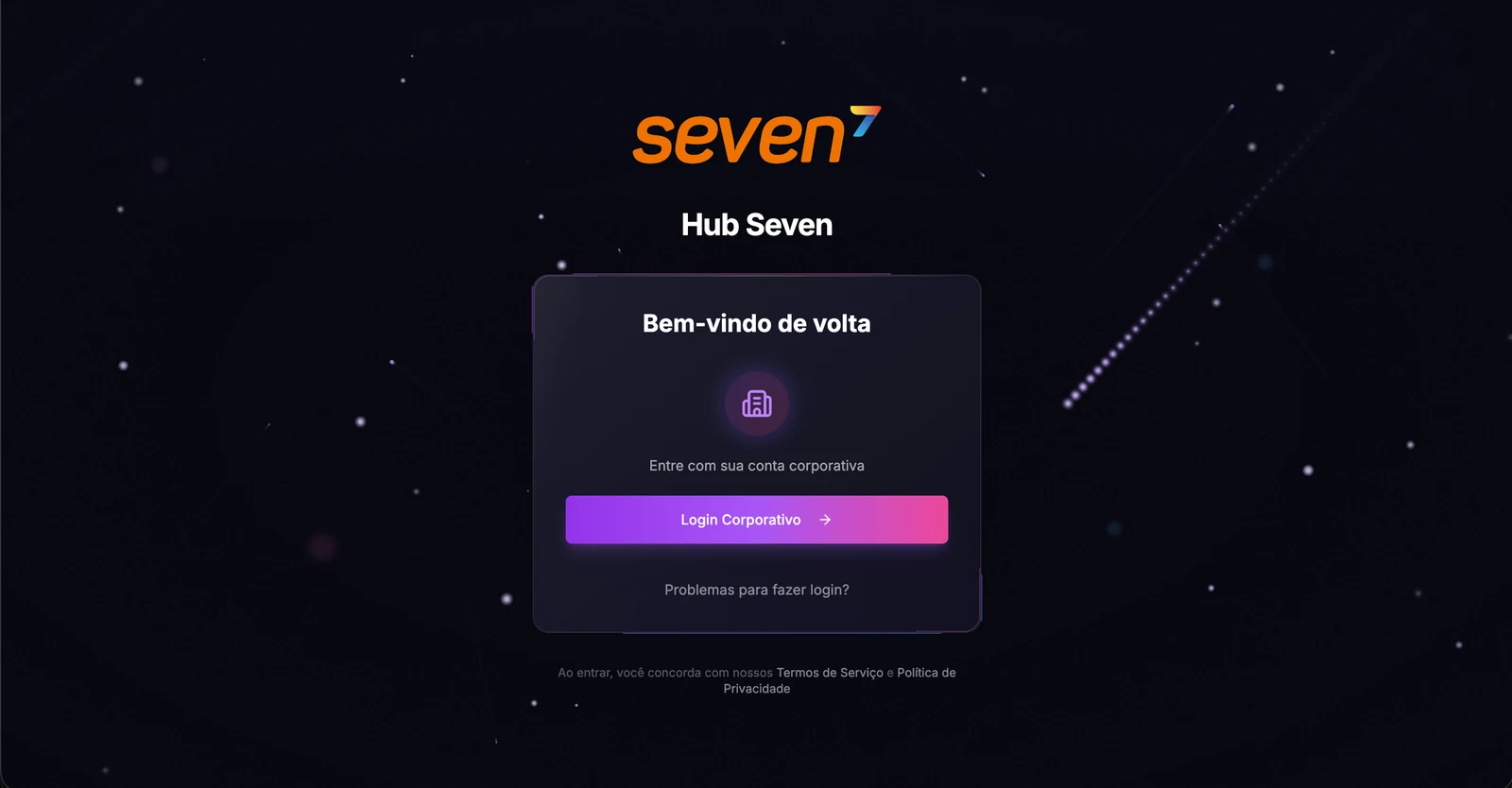 Tela de login escura com o logotipo de uma organização, o nome Hub Seven e o botão Login Corporativo