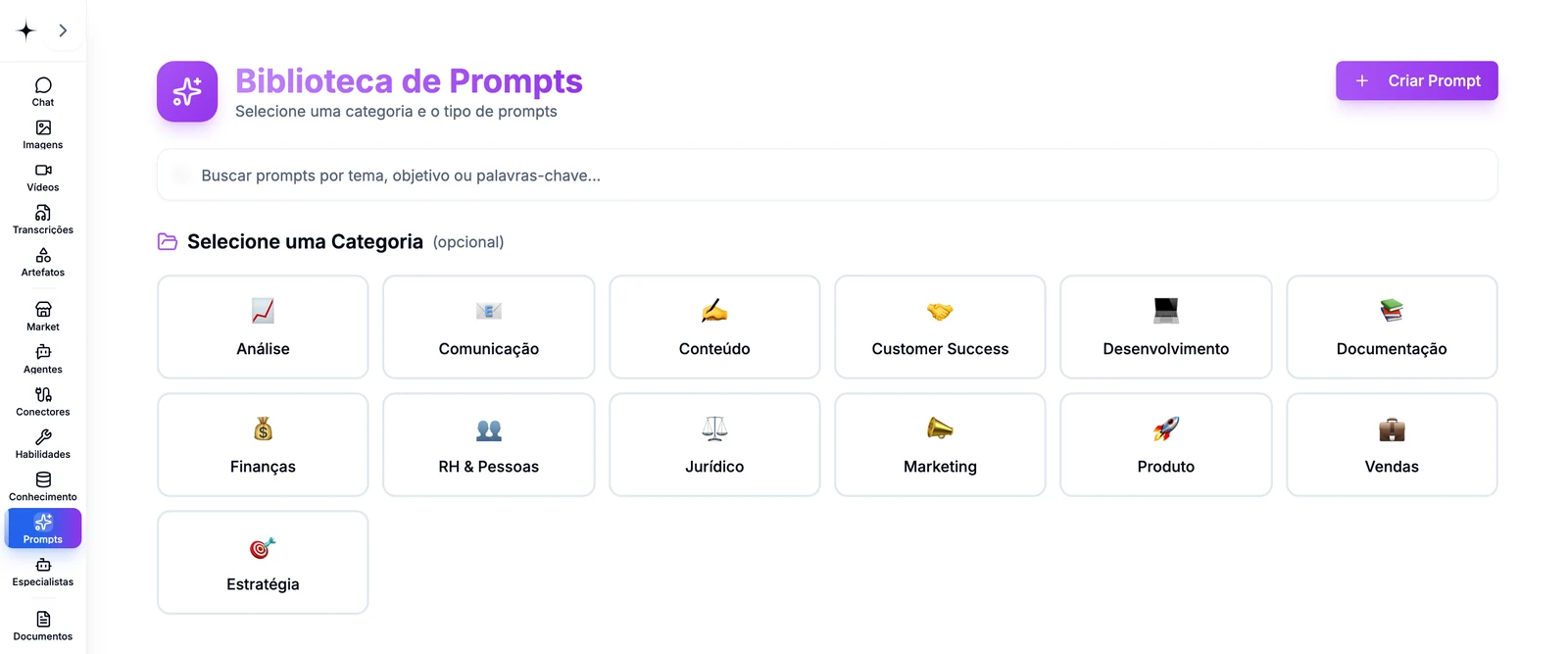 Biblioteca de Prompts do CollaborAI com busca por tema e treze categorias, entre elas Vendas, Marketing, Finanças e Customer Success