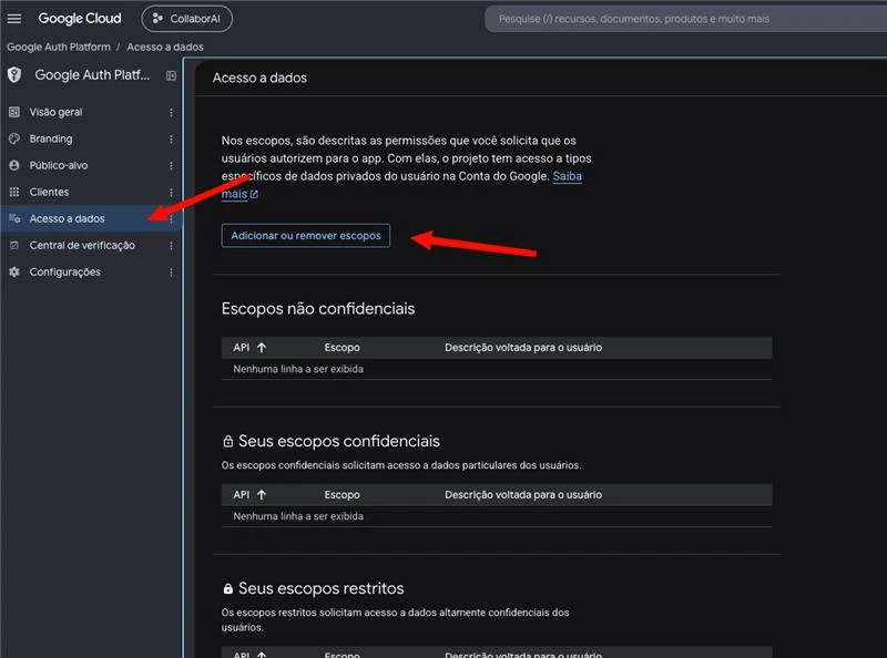 Tela Acesso a dados do Google Auth Platform com o botão Adicionar ou remover escopos destacado