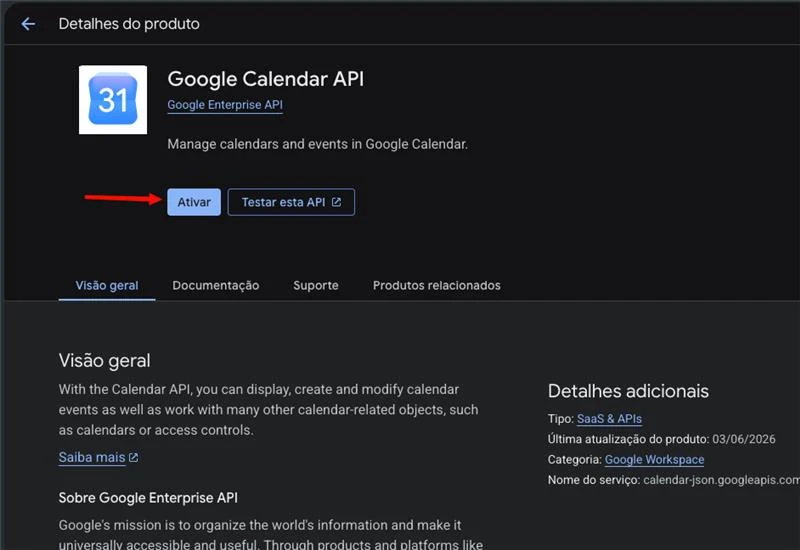 Página da Google Calendar API no Google Cloud com o botão Ativar destacado