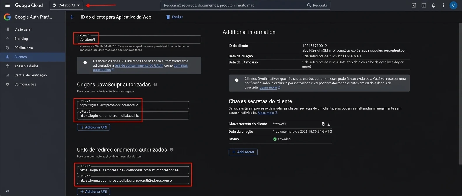 Tela do cliente OAuth no Google Cloud com o nome CollaborAI, duas origens JavaScript e duas URIs de redirecionamento de login preenchidas