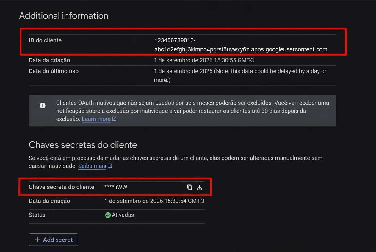 Tela de informações do cliente OAuth mostrando o ID do cliente e a chave secreta do cliente, ambos destacados