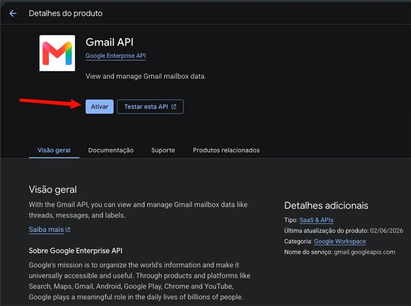 Página da Gmail API no Google Cloud com o botão Ativar destacado