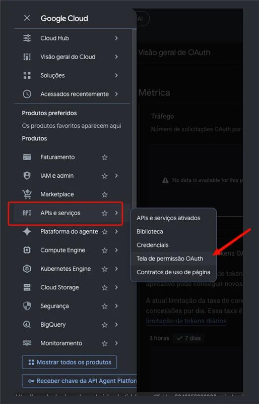 Menu lateral do Google Cloud com APIs e serviços destacado e o submenu aberto na opção Tela de permissão OAuth