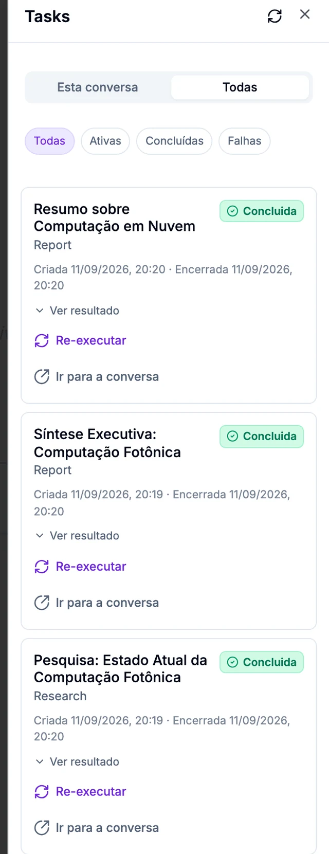 Painel Tasks do CollaborAI com as abas Esta conversa e Todas, filtros de status e três tarefas concluídas listadas com data de criação e encerramento